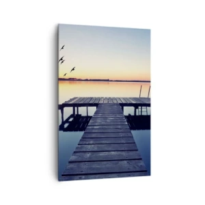 Cuadro sobre lienzo - Impresión de Imagen - Muelle de madera en un lago al amanecer con pájaros - 80x120cm - Fue un buen día - Decoración de pared moderna para salón y dormitorio ARTTOR