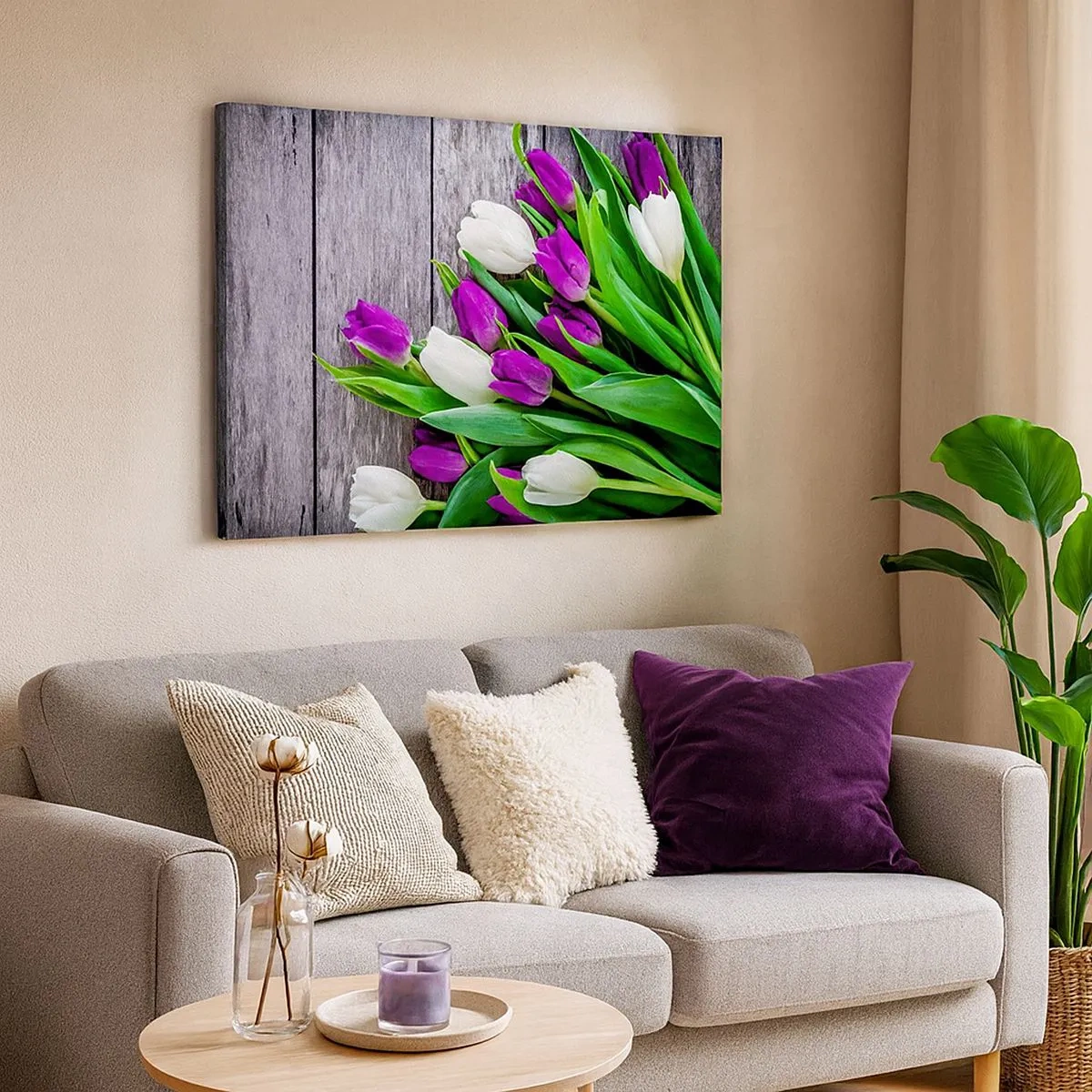 Cuadro sobre lienzo - Impresión de Imagen - Un ramo de tulipanes morados y blancos sobre un fondo de madera. - 70x50cm - El día de la fiesta de la primavera - Decoración de pared moderna para salón y dormitorio ARTTOR