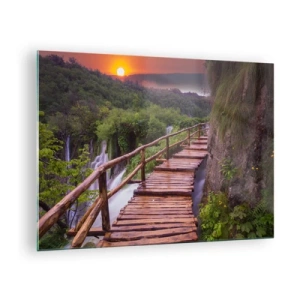 Cuadro sobre vidrio - Impresiones sobre Vidrio - Un camino de madera entre la vegetación al atardecer. - 70x50cm - Una belleza inimaginable - Decoración de pared moderna para salón y dormitorio ARTTOR