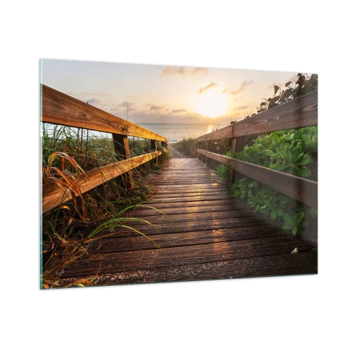 Cuadro sobre vidrio - Impresiones sobre Vidrio - Pasarela de madera que conduce a la playa al atardecer - 100x70cm - Y directamente a la orilla - Decoración de pared moderna para salón y dormitorio ARTTOR