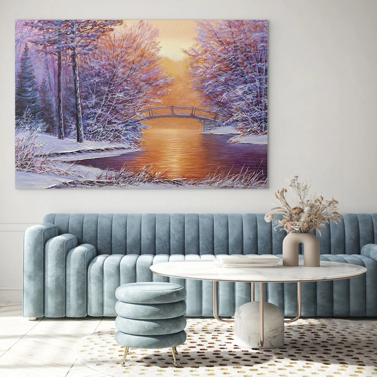 Cuadro sobre vidrio - Impresiones sobre Vidrio - Paisaje invernal con un puente y árboles cubiertos de nieve al atardecer. - 70x50cm - Reunámonos aquí - Decoración de pared moderna para salón y dormitorio ARTTOR