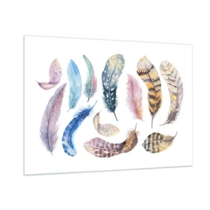 Cuadro sobre vidrio - Impresiones sobre Vidrio - Plumas de colores en un estilo artístico sobre un fondo blanco. - 100x70cm - Ligero, colorido y multicolor - Decoración de pared moderna para salón y dormitorio ARTTOR