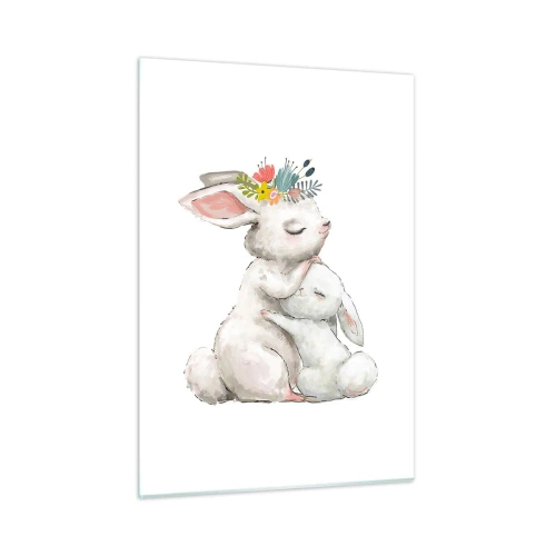 Cuadro sobre vidrio - Impresiones sobre Vidrio - Dos conejos de peluche en colores pastel - 50x70cm - En ningún lugar mejor que con mamá - Decoración de pared moderna para salón y dormitorio ARTTOR