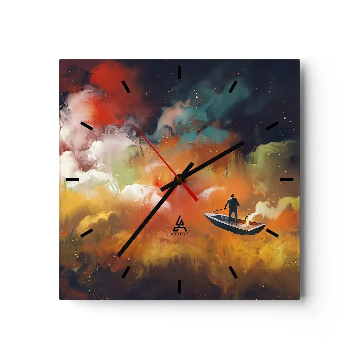 Reloj de pared - Reloj de vidrio - Una figura en un barco contra un fondo de nubes de colores. - 30x30cm - En barco por la galaxia - Decoración de pared moderna para salón y dormitorio ARTTOR