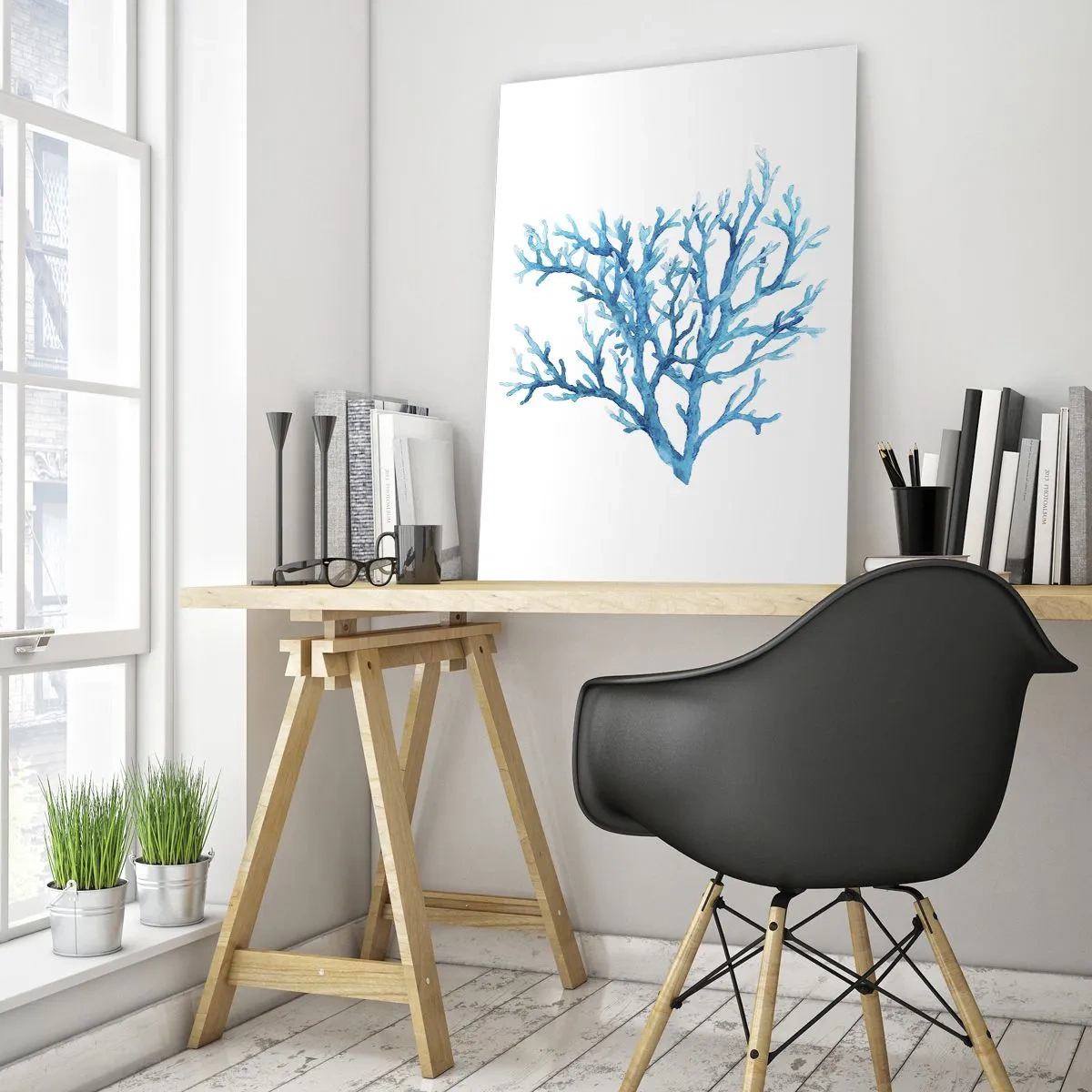 Cuadro sobre vidrio - Impresiones sobre Vidrio - Coral azul sobre fondo blanco con un toque minimalista. - 70x100cm - Filigrana marina - Decoración de pared moderna para salón y dormitorio ARTTOR