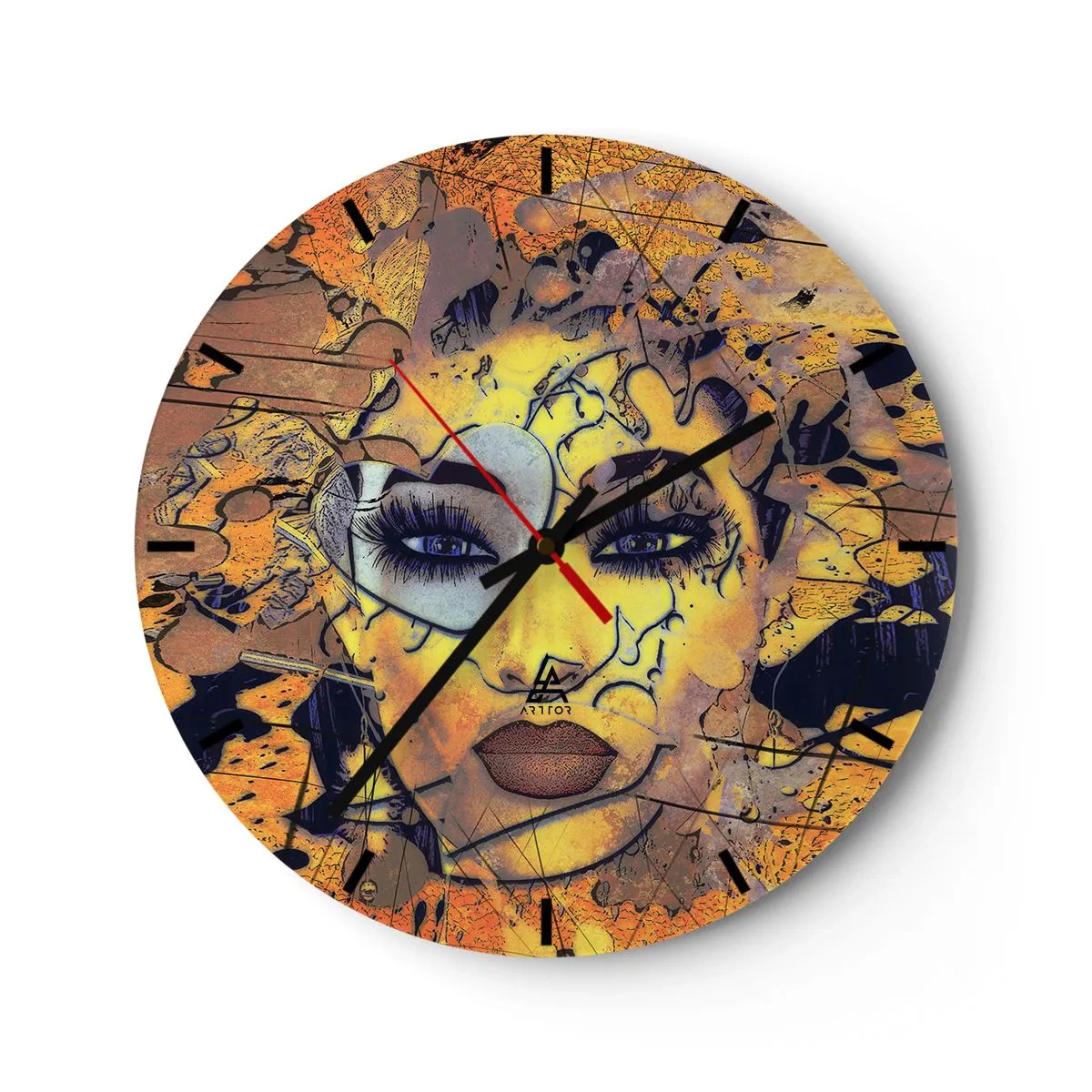 Reloj de pared - Reloj de vidrio - Retrato de una mujer abstracta en tonos dorados y negros. - 30x30cm - La belleza del sol - Decoración de pared moderna para salón, cocina y dormitorio ARTTOR