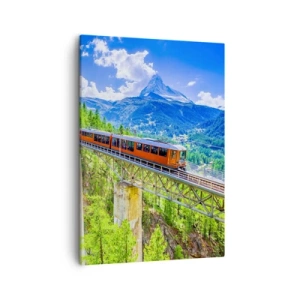 Cuadro sobre lienzo - Impresión de Imagen - Una montaña rusa en un puente con vistas a una cascada y montañas. - 50x70cm - Ferrocarril a los Alpes - Decoración de pared moderna para salón y dormitorio ARTTOR