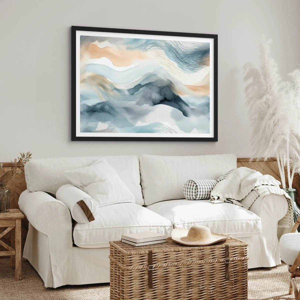 Póster en marco negro - Una delicada abstracción con motivo de montaña en tonos pastel. - 70x50cm - Abstracción de nieve y niebla - Decoración de pared moderna para salón y dormitorio ARTTOR