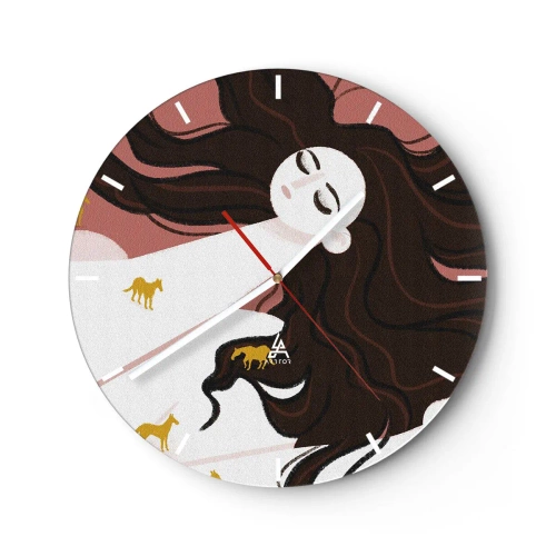 Reloj de pared - Reloj de vidrio - Mujer soñando con cabello largo y caballos dorados en estilo ilustrativo - 30x30cm - Sueño de caballos dorados - Decoración de pared moderna para salón, cocina y dormitorio ARTTOR