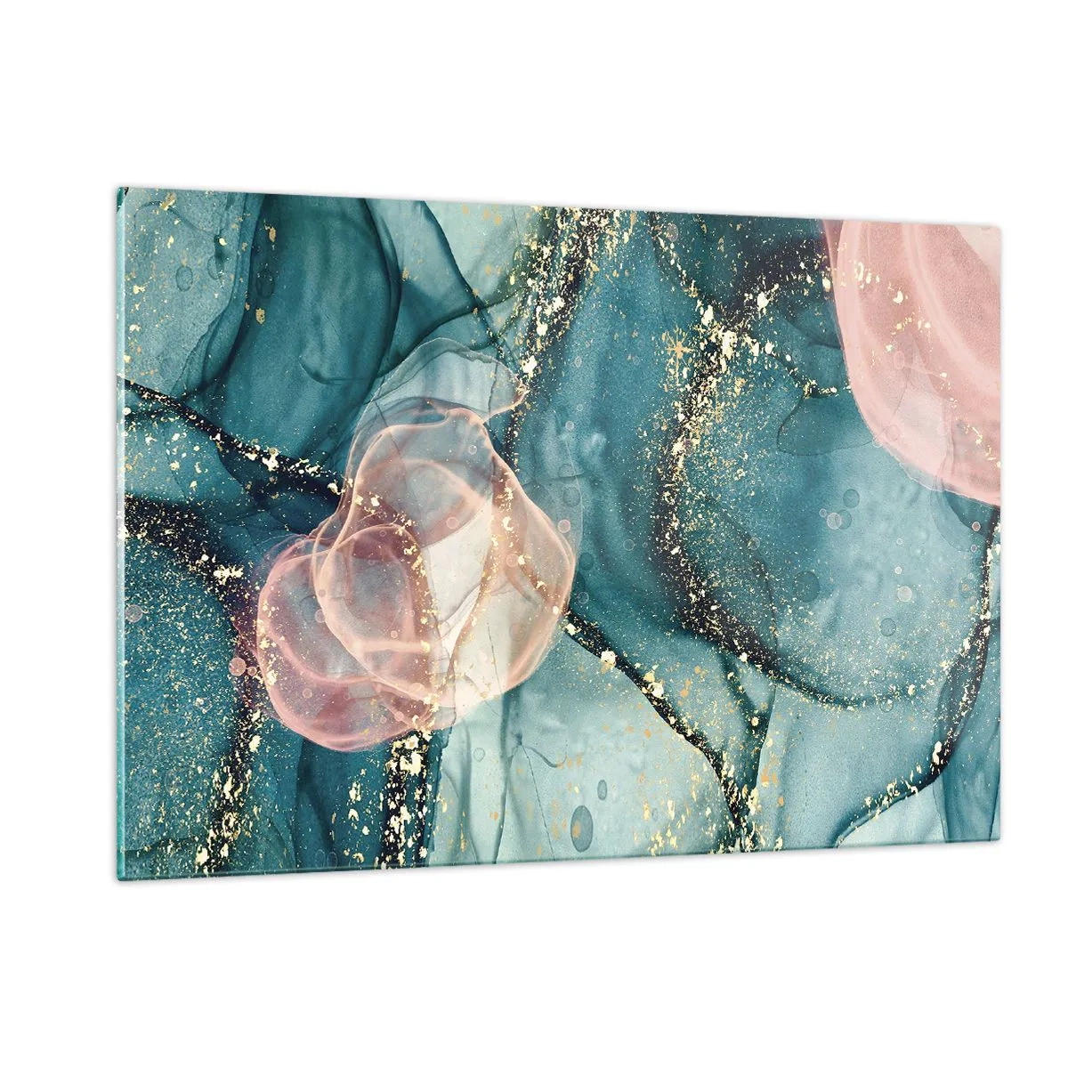 Cuadro sobre vidrio - Impresiones sobre Vidrio - Formas abstractas en azul y rosa con detalles dorados. - 120x80cm - Seda azul, tul rosa - Decoración de pared moderna para salón y dormitorio ARTTOR