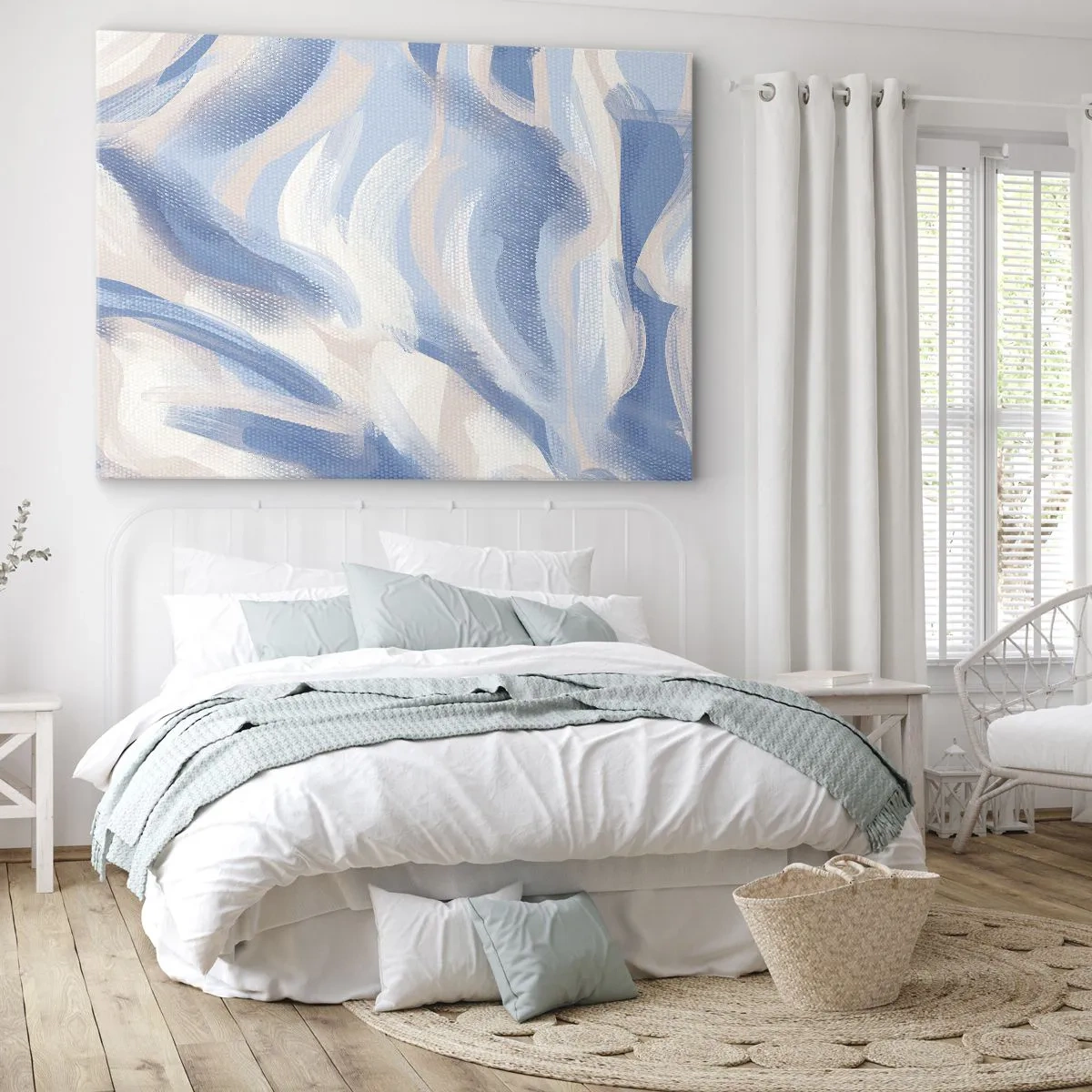 Cuadro sobre lienzo - Impresión de Imagen - Pinceladas abstractas en tonos azules y beige - 70x50cm - Ondas azules - Decoración de pared moderna para salón y dormitorio ARTTOR