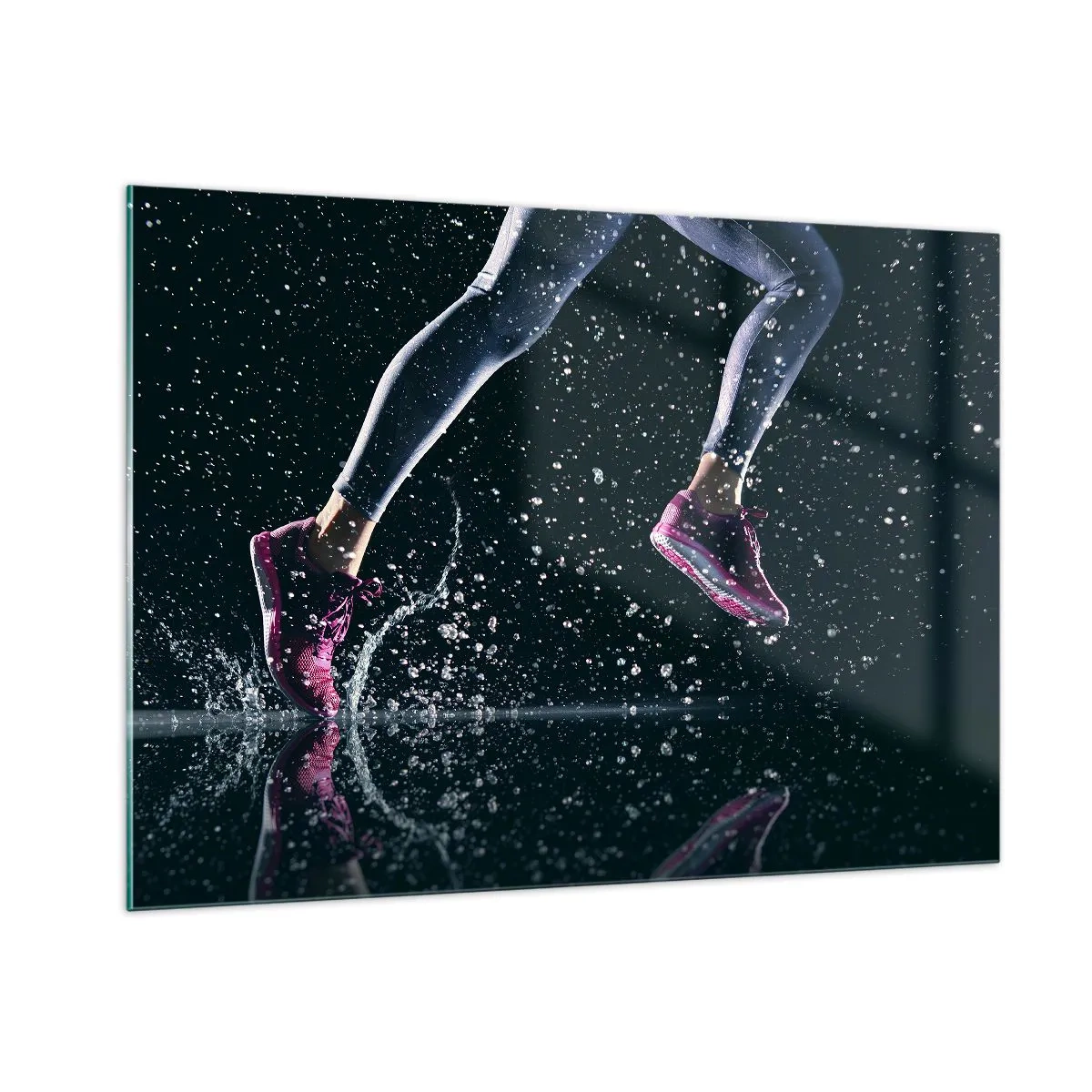 Cuadro sobre vidrio - Impresiones sobre Vidrio - Corriendo por el agua con zapatillas deportivas sobre un fondo oscuro - 100x70cm - Fuerza de impulso - Decoración de pared moderna para salón y dormitorio ARTTOR