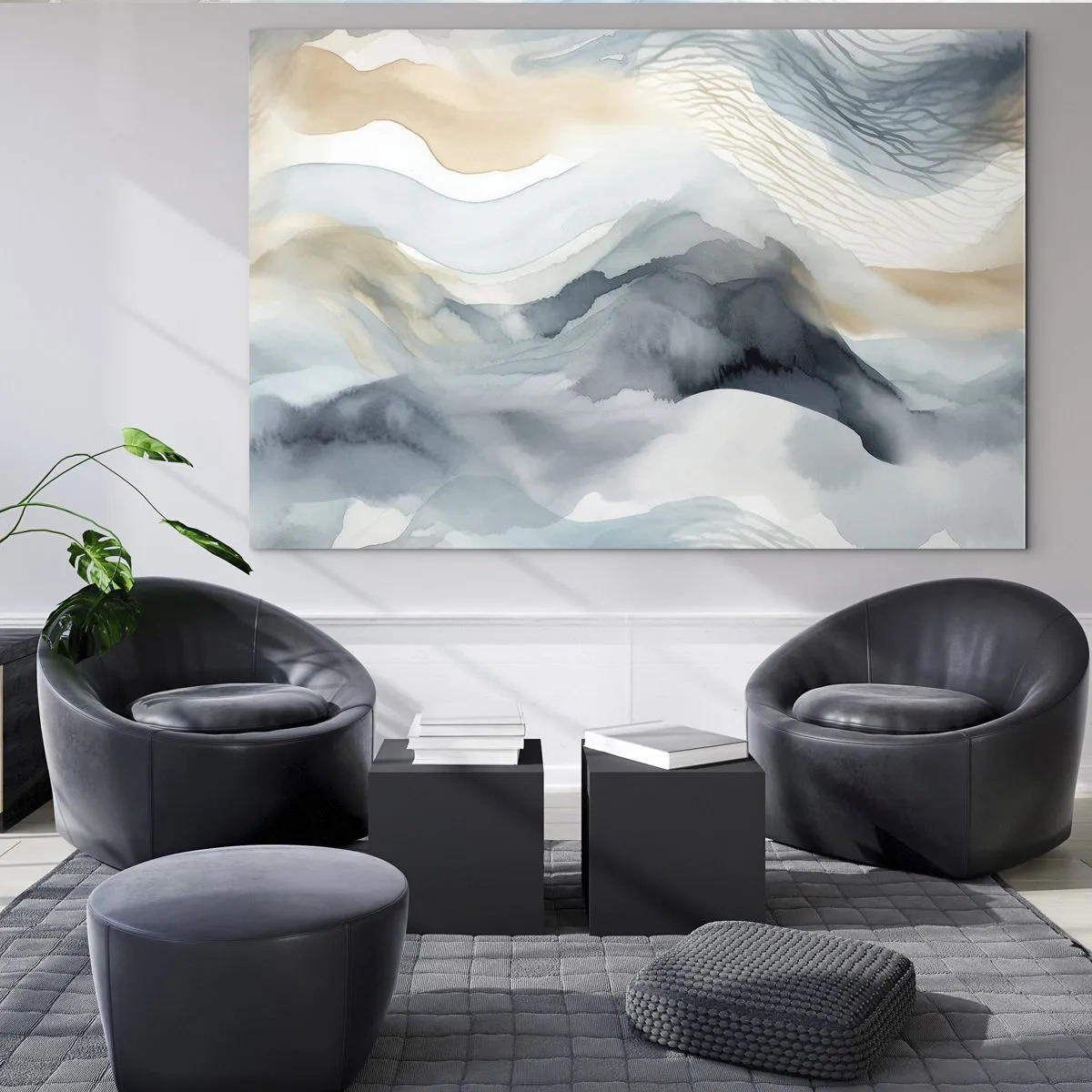 Cuadro sobre vidrio - Impresiones sobre Vidrio - Ondas abstractas en tonos beige y azul. - 70x50cm - Abstracción de nieve y niebla - Decoración de pared moderna para salón y dormitorio ARTTOR