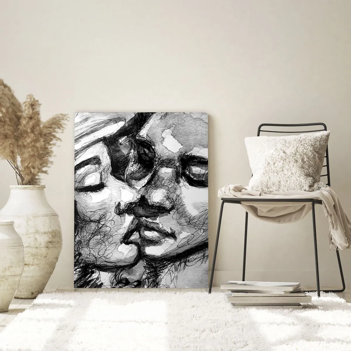 Cuadro sobre vidrio - Impresiones sobre Vidrio - Boceto en blanco y negro de un tierno beso. - 50x70cm - Un momento tierno - Decoración de pared moderna para salón y dormitorio ARTTOR