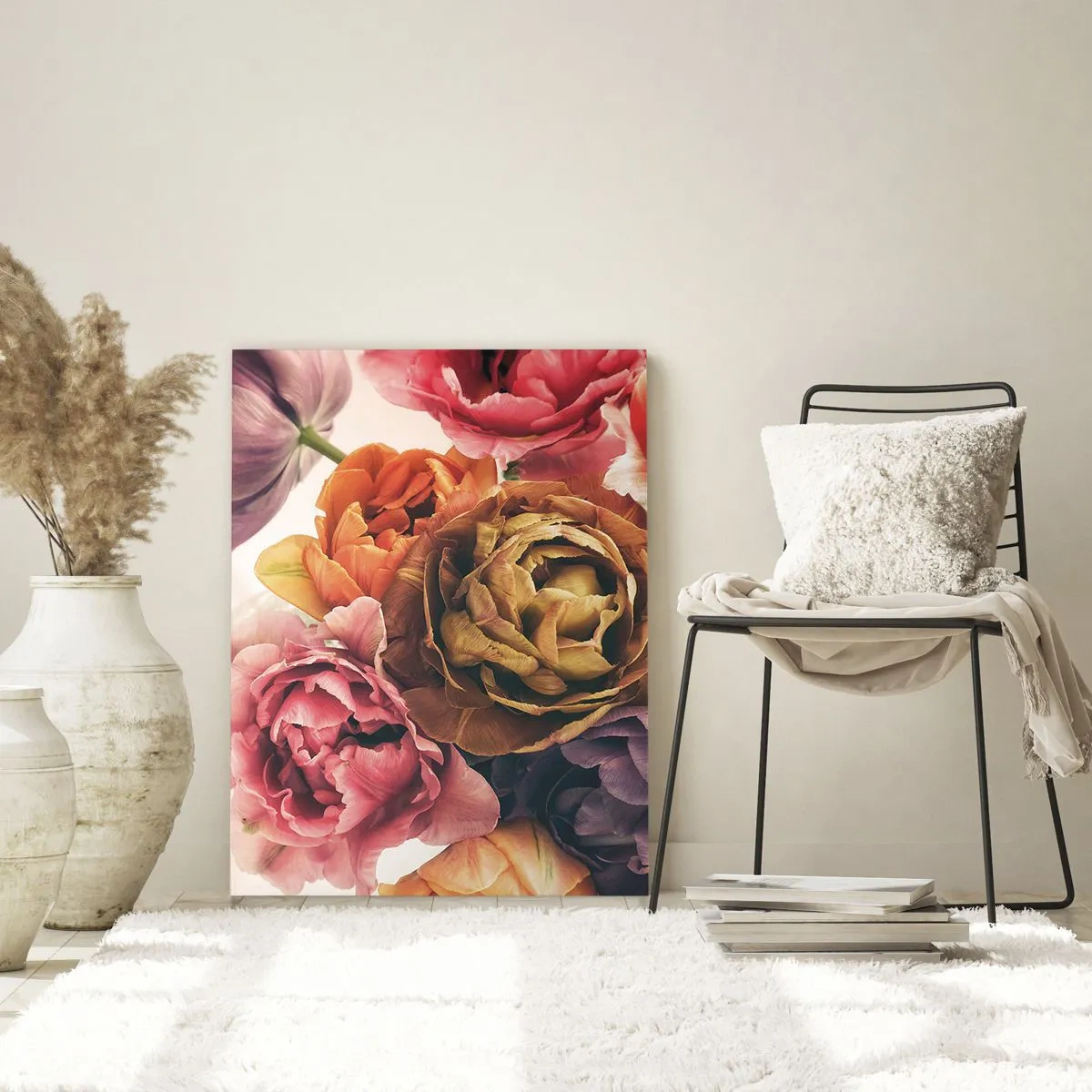 Cuadro sobre vidrio - Impresiones sobre Vidrio - Un ramo de varias flores en colores intensos. - 70x100cm - Celebración de la vida - Decoración de pared moderna para salón y dormitorio ARTTOR