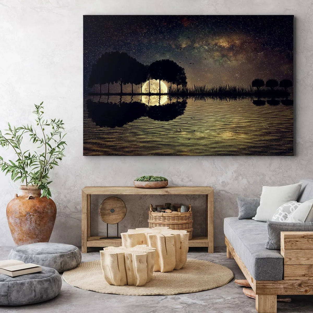 Cuadro sobre lienzo - Impresión de Imagen - Una noche mágica con árboles y la luna reflejada en el agua. - 70x50cm - Noche en el fin del mundo - Decoración de pared moderna para salón y dormitorio ARTTOR