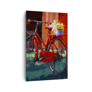Cuadro sobre lienzo - Impresión de Imagen - Una bicicleta roja con flores contra una pared naranja. - 80x120cm - Quiero ir en bicicleta - Decoración de pared moderna para salón y dormitorio ARTTOR