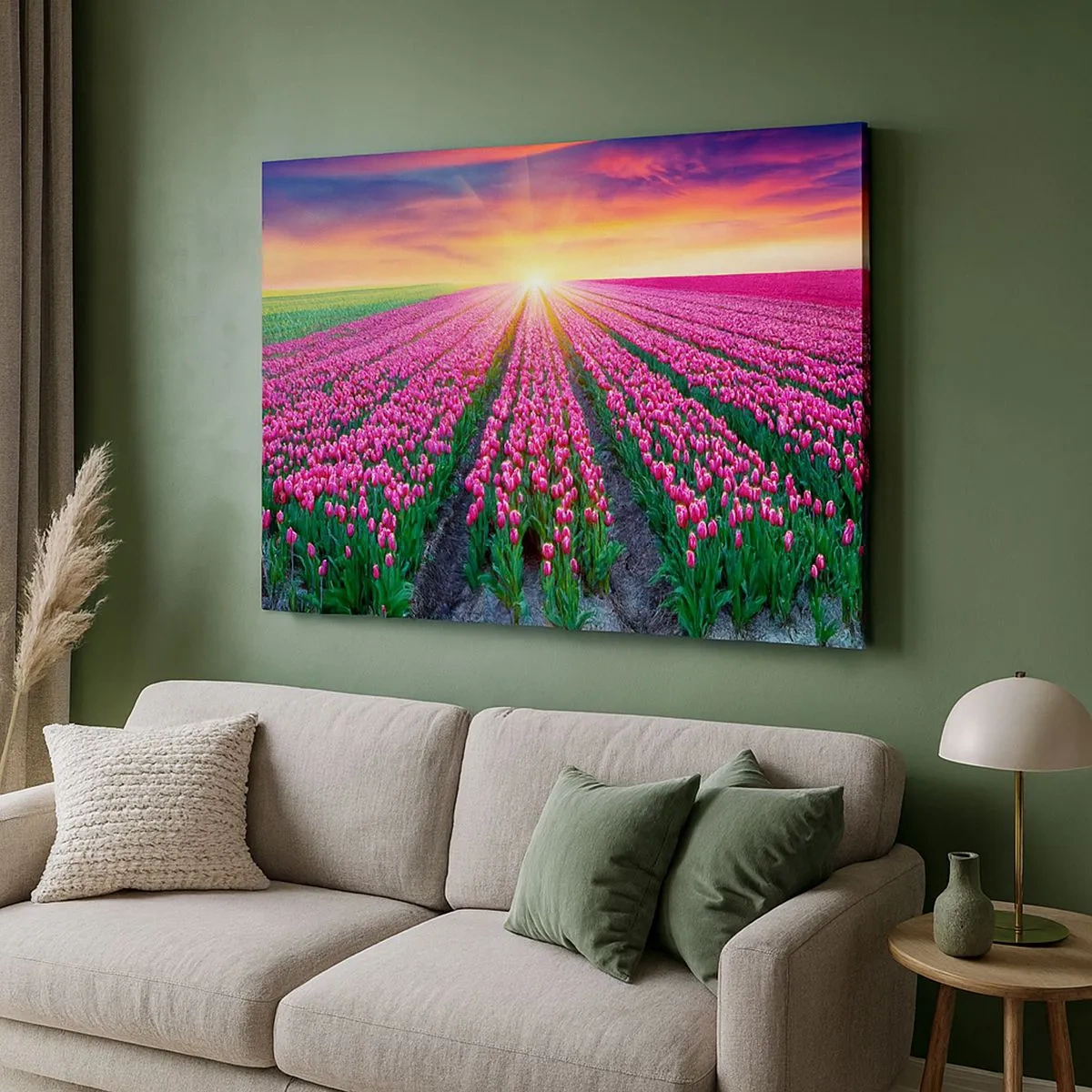 Cuadro sobre lienzo - Impresión de Imagen - Un campo de tulipanes al atardecer - 70x50cm - Granja de belleza - Decoración de pared moderna para salón y dormitorio ARTTOR