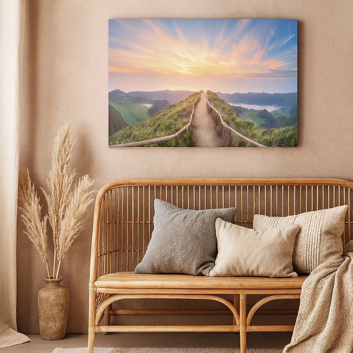 Cuadro sobre lienzo - Impresión de Imagen - Un pintoresco sendero en una colina con vista al atardecer. - 70x50cm - Cerca del cielo - Decoración de pared moderna para salón y dormitorio ARTTOR