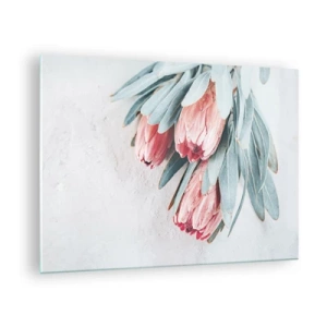 Cuadro sobre vidrio - Impresiones sobre Vidrio - Tres flores de protea pastel con hojas sobre un fondo claro. - 70x50cm - Avergonzada de su propia belleza - Decoración de pared moderna para salón y dormitorio ARTTOR