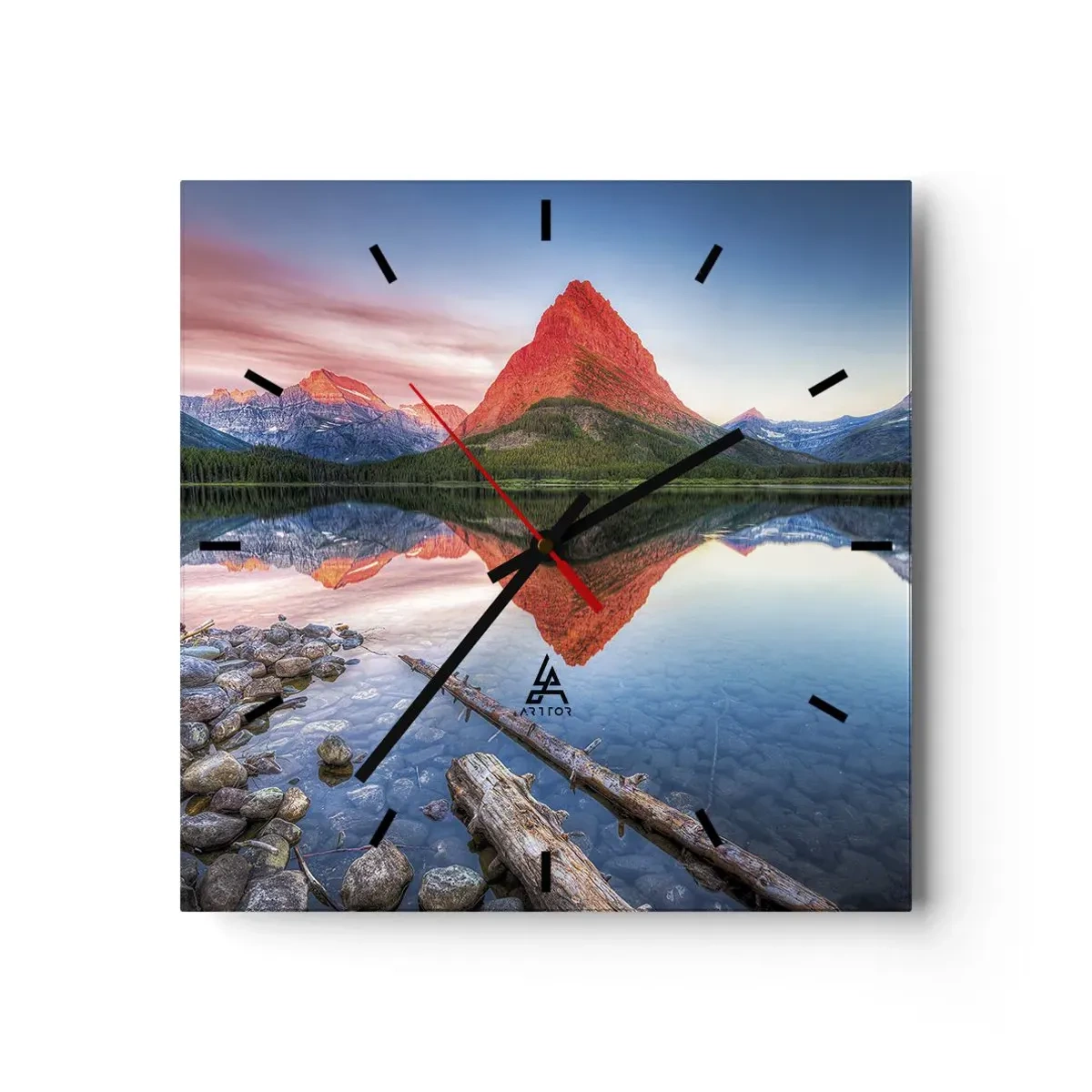 Reloj de pared - Reloj de vidrio - Una montaña reflejada en un lago al atardecer. - 30x30cm - Cálido y frío - Decoración de pared moderna para salón y dormitorio ARTTOR