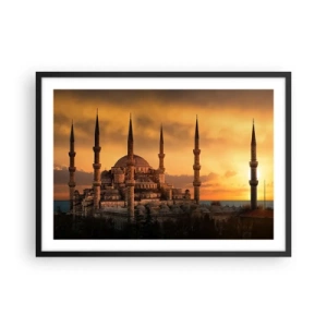 Póster en marco negro - La mezquita al atardecer en colores cálidos. - 70x50cm - Dios es grande - Decoración de pared moderna para salón y dormitorio ARTTOR