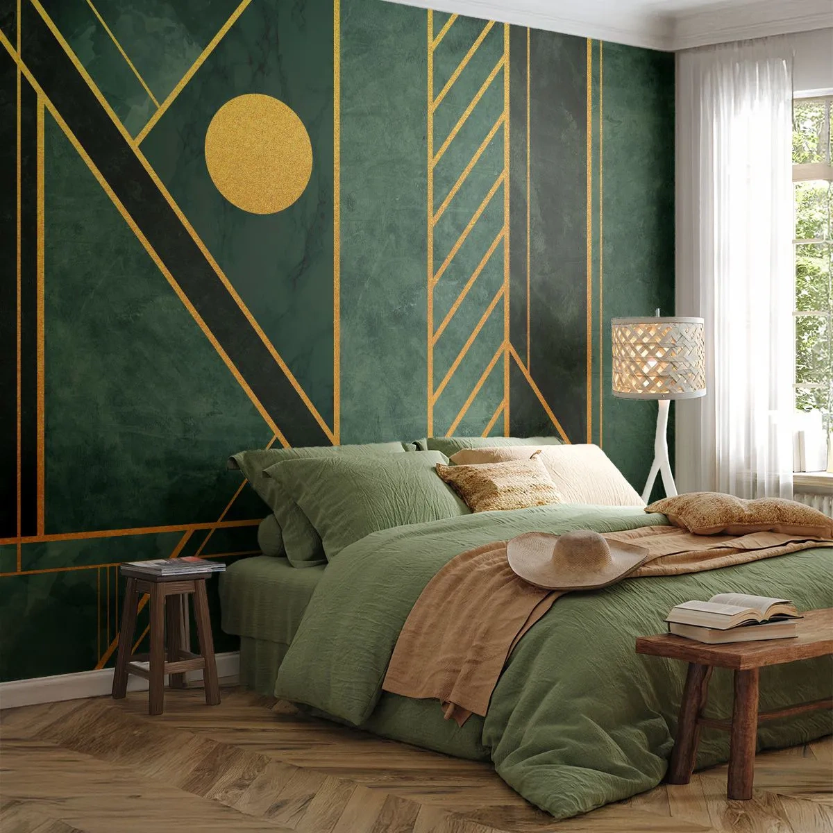 Fotomural Premium Sand - Geometría verde con elementos dorados en estilo Art Déco - 100x70cm - La dinámica del oro y el azul - Decoración de pared moderna para salón y dormitorio ARTTOR