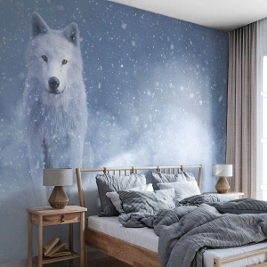 Fotomural Premium Sand - Lobo blanco en una tormenta de nieve - 100x70cm - El espíritu del invierno - Decoración de pared moderna para salón y dormitorio ARTTOR