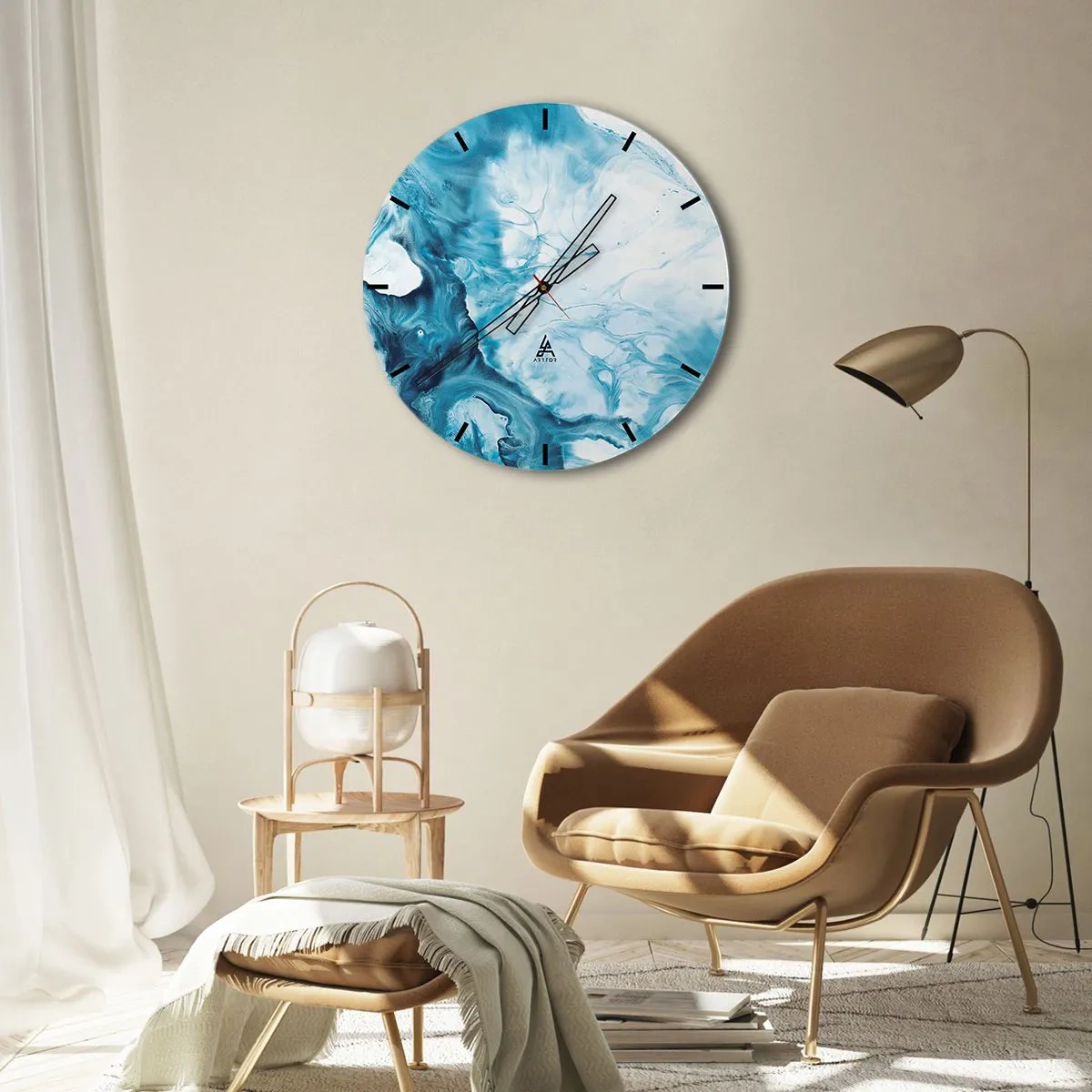 Reloj de pared - Reloj de vidrio - Ondas azules abstractas en tonos blanco y turquesa - 30x30cm - Un concierto azul - Decoración de pared moderna para salón, cocina y dormitorio ARTTOR