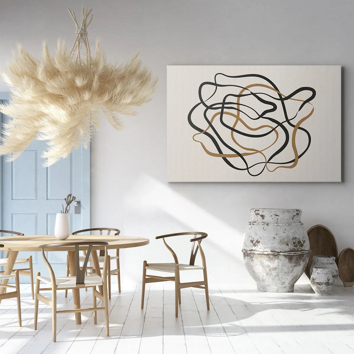 Cuadro sobre lienzo - Impresión de Imagen - Líneas enredadas en negro y dorado sobre un fondo claro. - 70x50cm - Todo ha salido mal - Decoración de pared moderna para salón y dormitorio ARTTOR