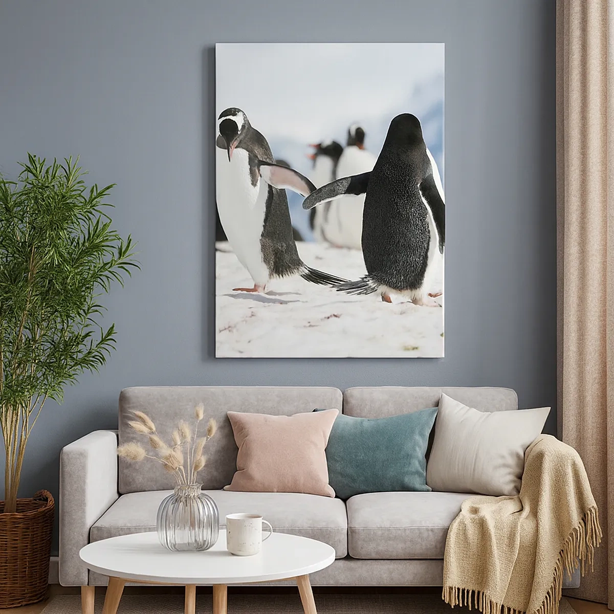 Cuadro sobre lienzo - Impresión de Imagen - Un grupo de pingüinos en la nieve en un paisaje antártico. - 50x70cm - Bailando en la nieve - Decoración de pared moderna para salón y dormitorio ARTTOR