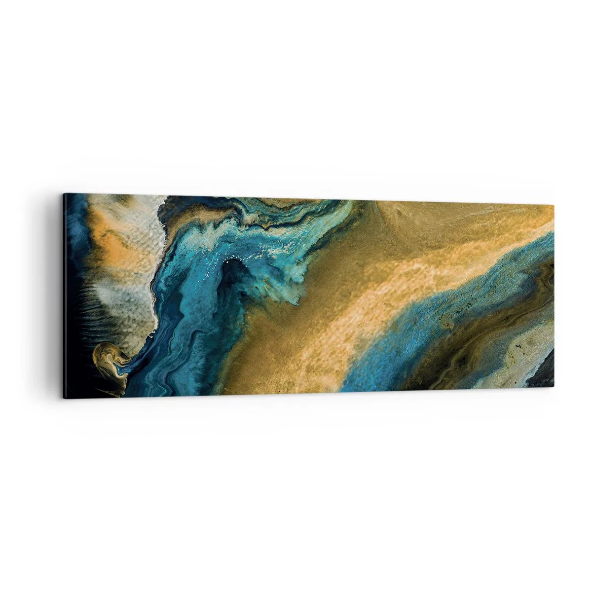 Cuadro sobre lienzo - Impresión de Imagen - Ondas abstractas en tonos dorados y azules. - 140x50cm - Azul - amarillo - influencia mutua - Decoración de pared moderna para salón y dormitorio ARTTOR
