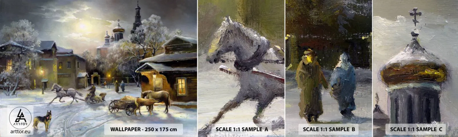 Muestra de fotomural autoadhesivo Deluxe Sticker - La magia de un invierno ruso - Paisaje, Aldea, Invierno en el campo - 100x30 cm