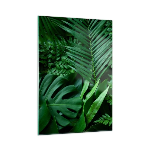 Cuadro sobre vidrio - Impresiones sobre Vidrio - Densas hojas verdes de plantas tropicales en la composición. - 50x70cm - Abrazo verde - Decoración de pared moderna para salón y dormitorio ARTTOR