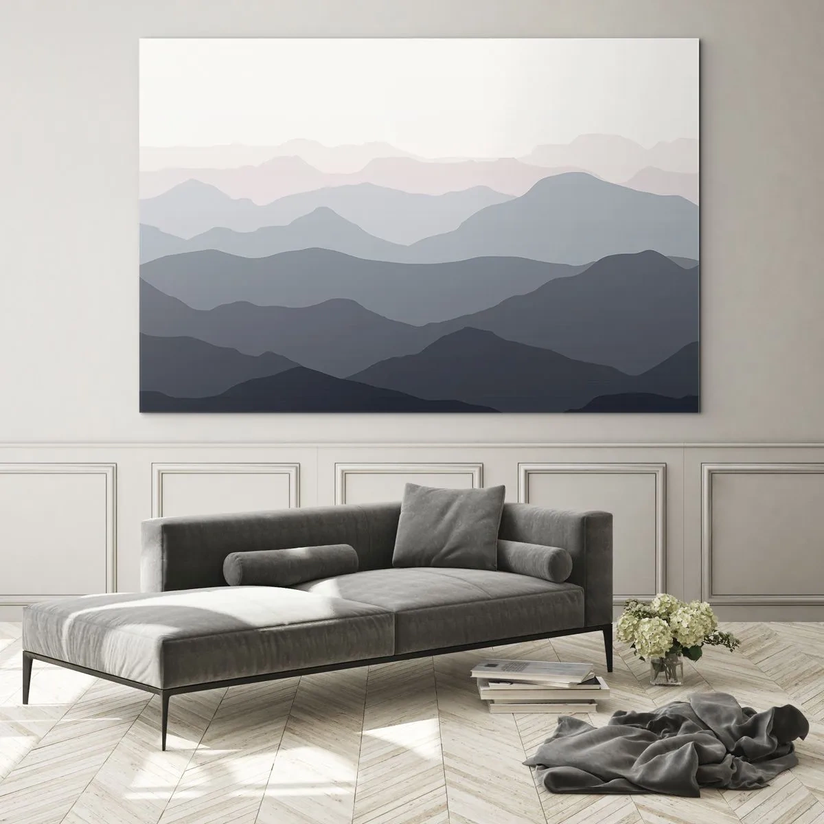 Cuadro sobre vidrio - Impresiones sobre Vidrio - Capas sutiles de montañas en tonos pastel. - 100x70cm - Cordilleras a la vista - Decoración de pared moderna para salón y dormitorio ARTTOR