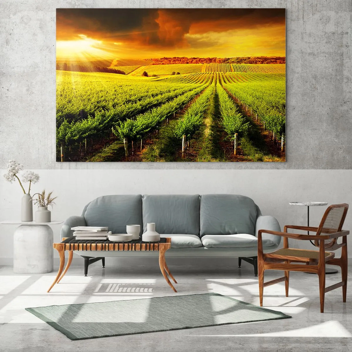 Cuadro sobre vidrio - Impresiones sobre Vidrio - Viñedo a la luz del sol poniente - 100x70cm - Bajo el sol de Australia - Decoración de pared moderna para salón y dormitorio ARTTOR
