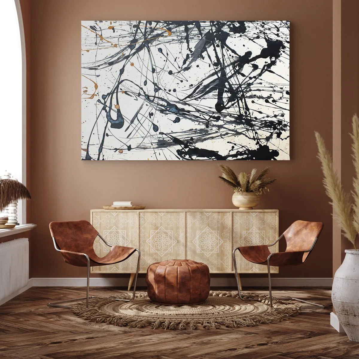 Cuadro sobre lienzo - Impresión de Imagen - Patrón de pintura abstracta con líneas y manchas dinámicas. - 70x50cm - ¿Con o sin sentido? - Decoración de pared moderna para salón y dormitorio ARTTOR