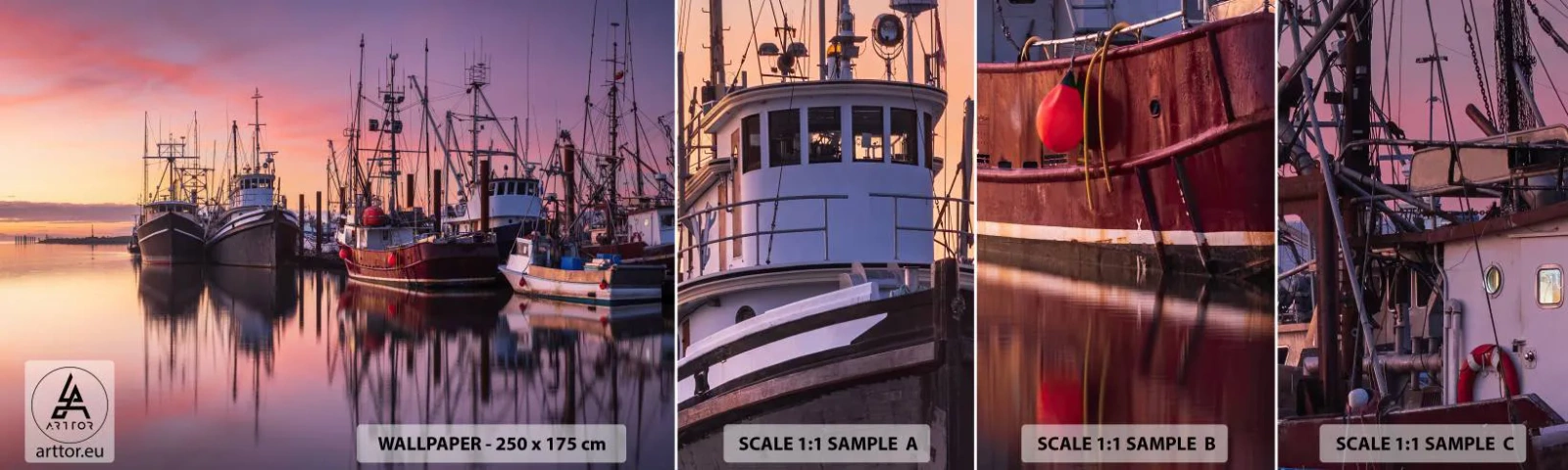 Muestra De Fotomural Standard Eco - Descanso antes de partir - Puerto de pescadores, Barcos, Pesca - 100x30 cm