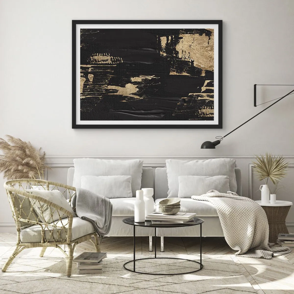 Póster en marco negro - Composición abstracta en tonos negros y dorados. - 70x50cm - Un rastro de tacto - Decoración de pared moderna para salón y dormitorio ARTTOR