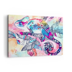 Cuadro sobre lienzo - Impresión de Imagen - Camaleón colorido sobre fondo de hojas abstractas - 100x70cm - Colorido como nuestro mundo - Decoración de pared moderna para salón y dormitorio ARTTOR