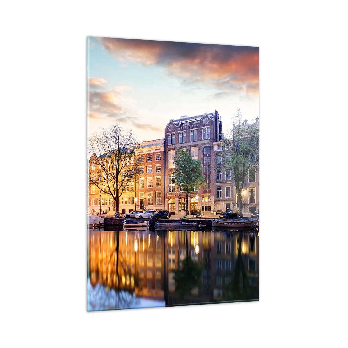 Cuadro sobre vidrio - Impresiones sobre Vidrio - Canal de Ámsterdam al atardecer con reflejo en el agua - 50x70cm - La belleza holandesa, sobria y tranquila - Decoración de pared moderna para salón y dormitorio ARTTOR