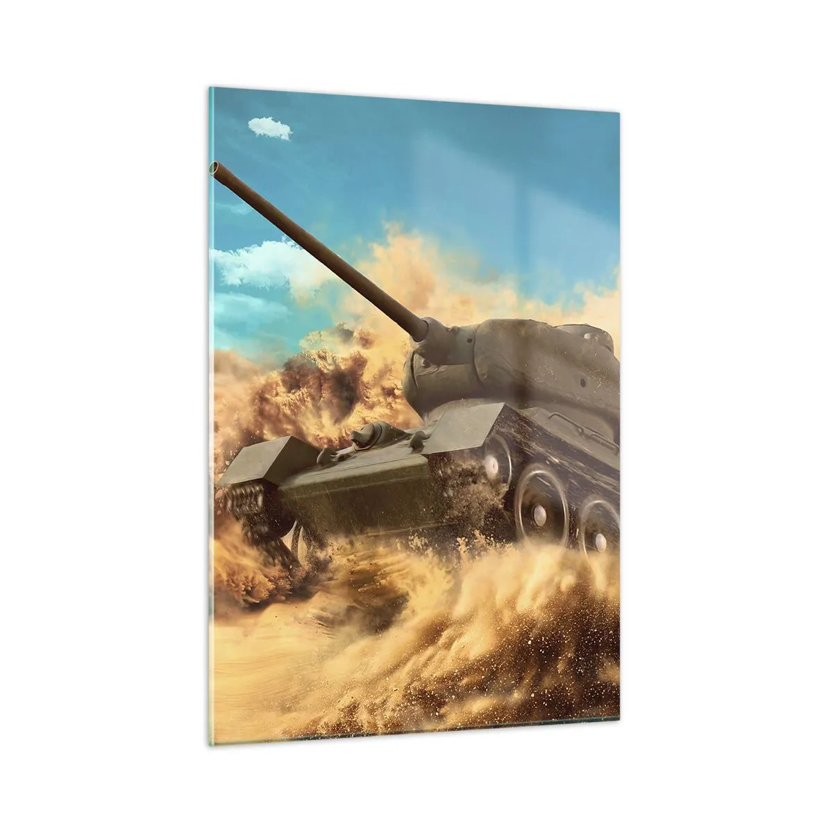 Cuadro sobre vidrio - Impresiones sobre Vidrio - Un tanque en movimiento en un desierto con polvo volando y un cielo brillante. - 50x70cm - Inmejorable - Decoración de pared moderna para salón y dormitorio ARTTOR