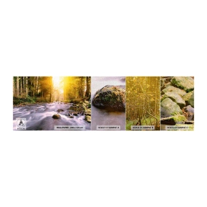 Muestra de fotomural Premium Canvas - Malaquita en un marco de plata y oro - Paisaje, Arroyo de montaña, Bosque - 100x30 cm