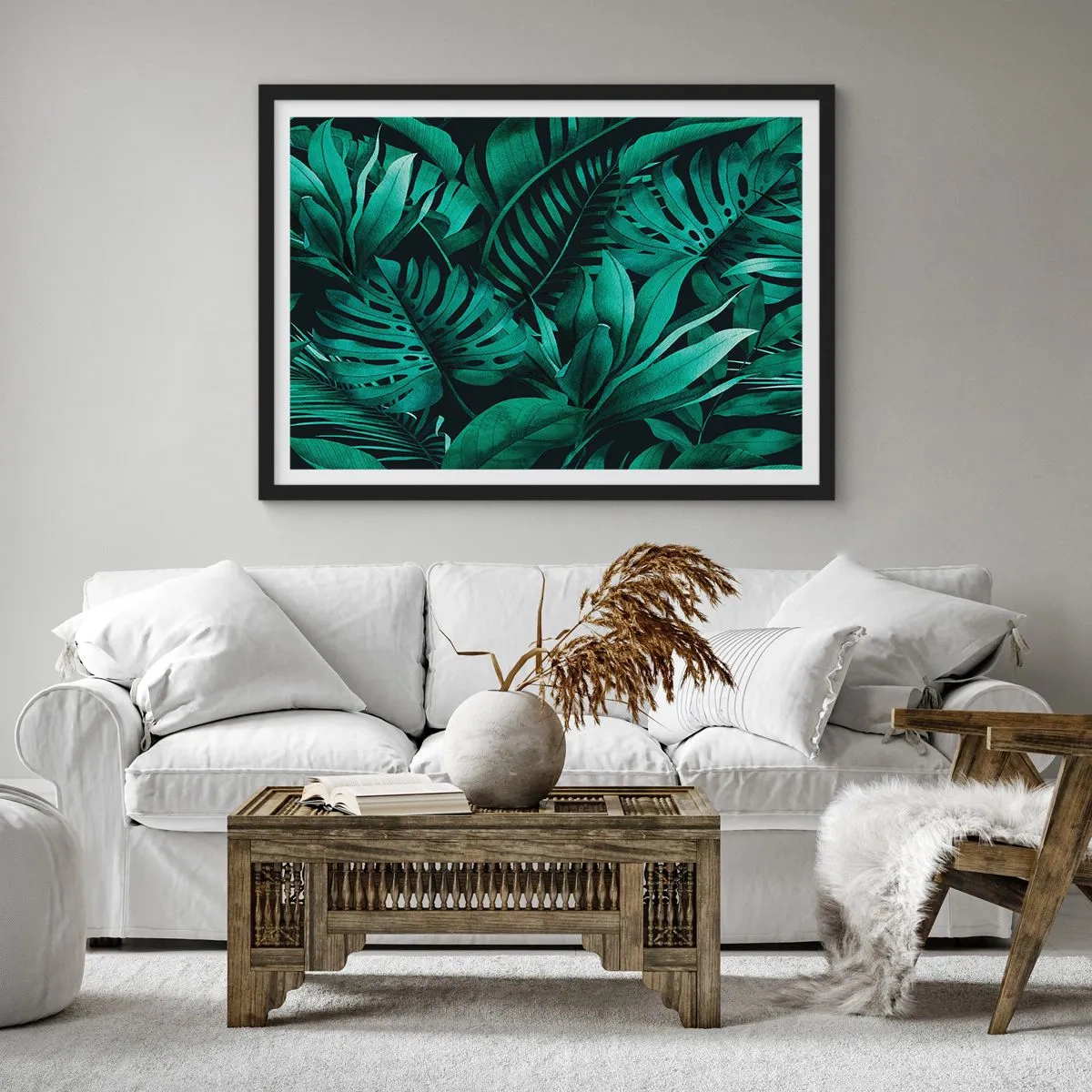 Póster en marco negro - Hojas tropicales en tonos de verde intenso. - 70x50cm - Profundidad del verde tropical - Decoración de pared moderna para salón y dormitorio ARTTOR
