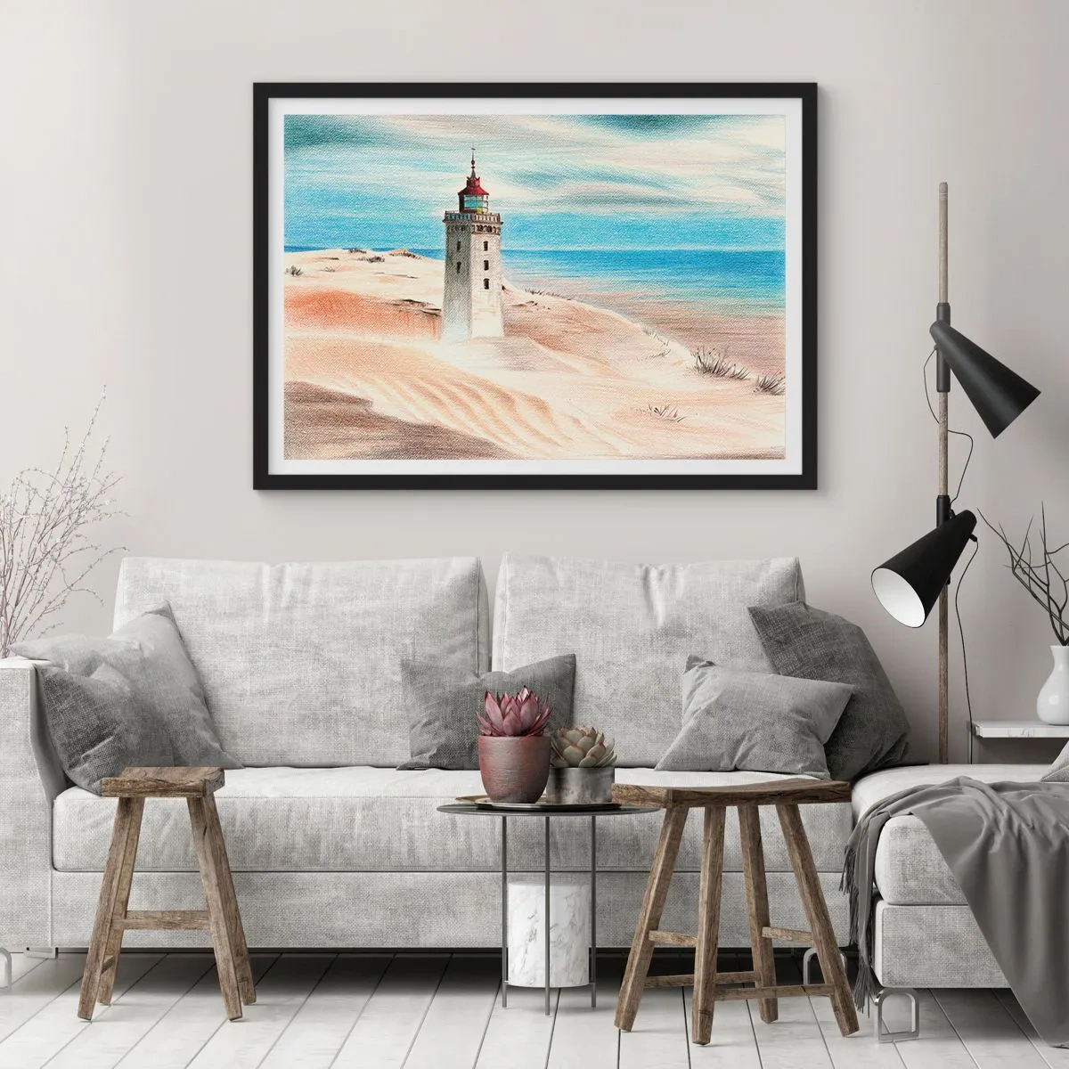 Póster en marco negro - Un faro rodeado de dunas de arena y un cielo azul. - 100x70cm - Siempre mirando al mar - Decoración de pared moderna para salón y dormitorio ARTTOR
