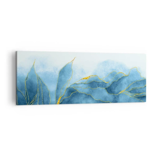 Cuadro sobre lienzo - Impresión de Imagen - Ondas abstractas en tonos azules con acentos dorados. - 140x50cm - Oro y azul - Decoración de pared moderna para salón y dormitorio ARTTOR