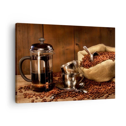 Cuadro sobre lienzo - Impresión de Imagen - Prensa francesa, tazas y una bolsa de café sobre un fondo de madera. - 70x50cm - El embrujo del café: aroma y sabor - Decoración de pared moderna para salón y dormitorio ARTTOR