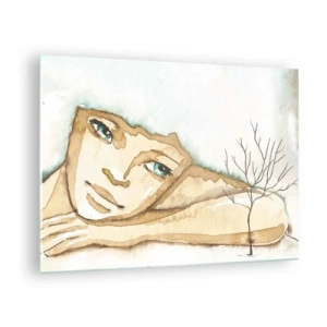 Cuadro sobre vidrio - Impresiones sobre Vidrio - Una figura sutil de una mujer con un árbol sobre un fondo de colores de acuarela. - 70x50cm - El árbol de la poesía crece en el silencio - Decoración de pared moderna para salón y dormitorio ARTTOR