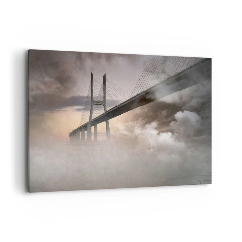 Cuadro sobre lienzo - Impresión de Imagen - Un puente sobre un río rodeado de niebla por la mañana. - 100x70cm - Junto al río que no existe - Decoración de pared moderna para salón y dormitorio ARTTOR