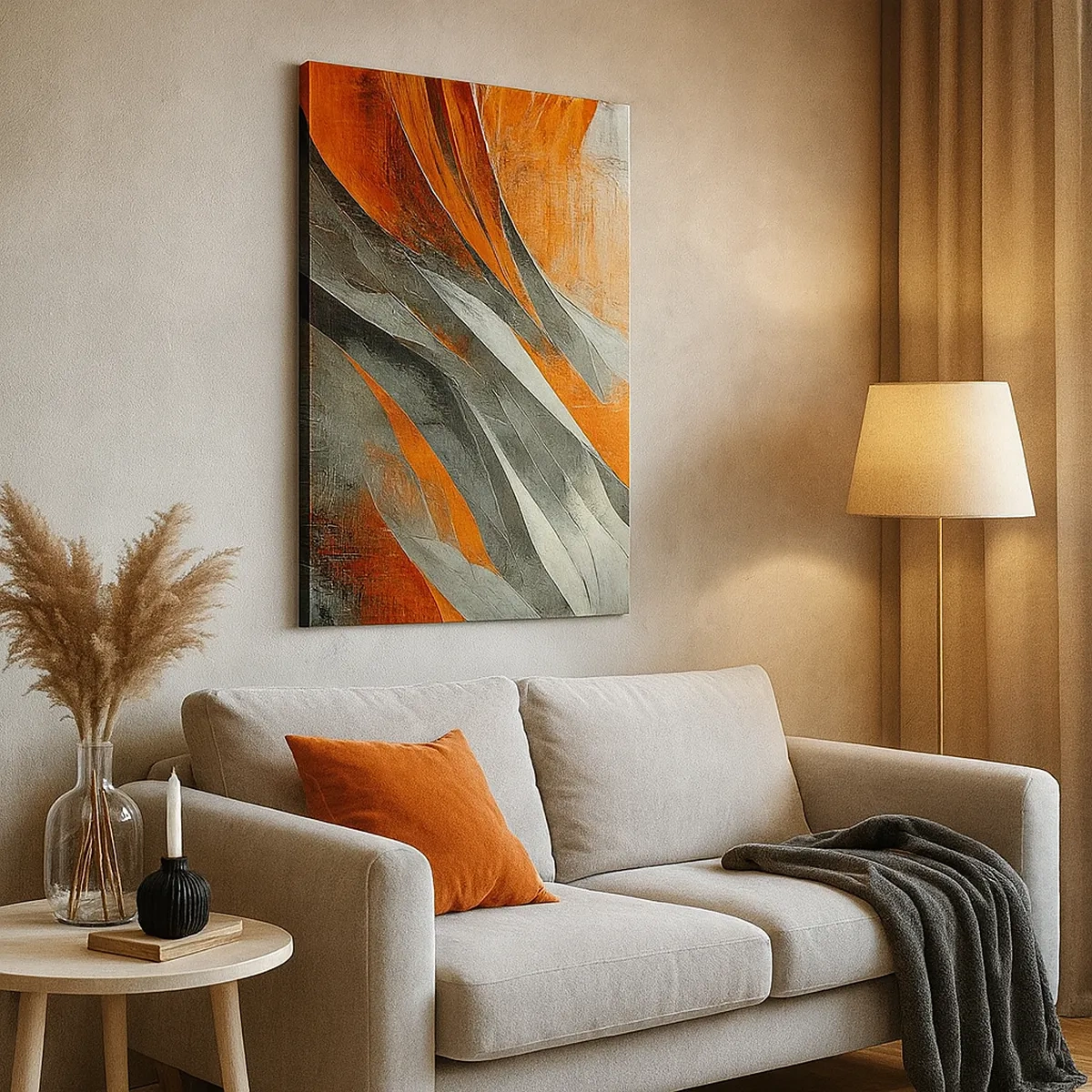 Cuadro sobre lienzo - Impresión de Imagen - Líneas abstractas en tonos naranja y gris. - 50x70cm - Calor y frío - Decoración de pared moderna para salón y dormitorio ARTTOR